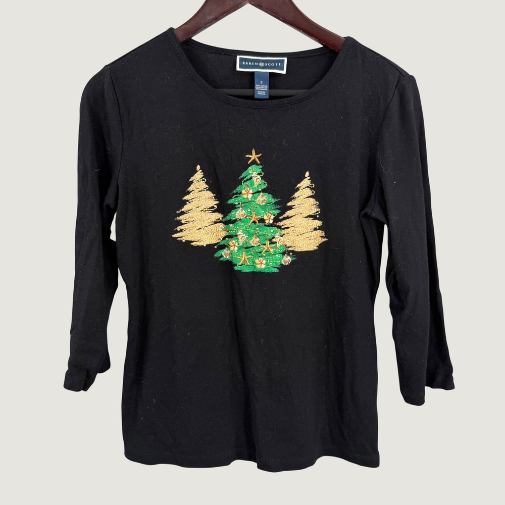 Karen Scott Christmas Tree Embellished Top Size S Black 3/4 Sleeve 100% Cotton